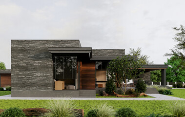 Modern one-story house. Facade made of brick and wood. 3D visualization