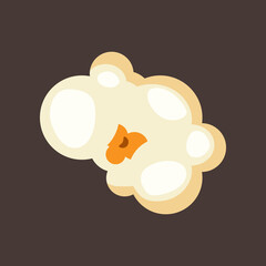 Single popcorn piece illustration. Salty or sweet snack from corn or souffle for watching movies isolated on brown background. Food, cinema concept
