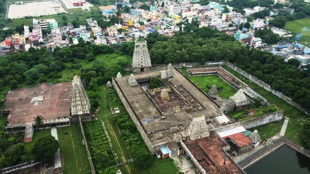 Aerial view of Sri Kanchi Kamakshi Amman Temple in Kanchipuram, Tamil Nadu. The temple is surrounded by Kanchipuram city which is situated along the southerly flowing Ganges.