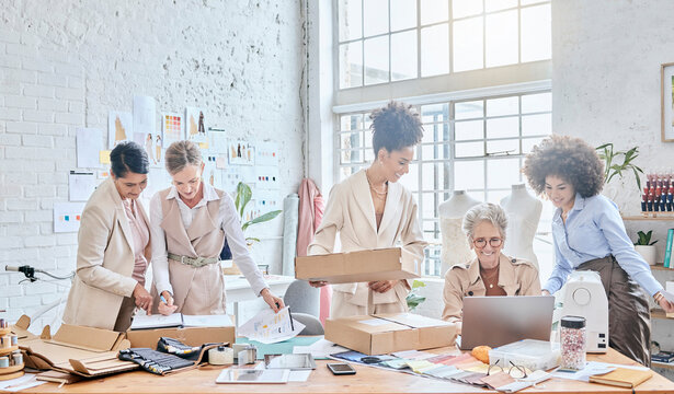 Delivery manager, laptop and e commerce team work, package box or stock product for commercial sales distribution. Logistics courier shipping, retail store diversity and happy people in supply chain