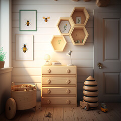 children's room in bee style, honeycomb, generative AI  - obrazy, fototapety, plakaty