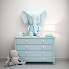 Fototapety  children's room design, for boy, dumby elephant, blue, grey, generative AI 