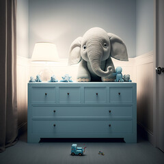 children's room design, for boy, dumby elephant, blue, grey, generative AI 