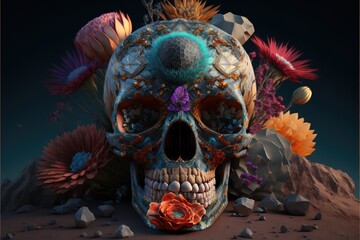 La Santa Muerte. Mexican Skull adorned with flowers. Calavera Grim Reaper - Floral sugar skull grim reaper. This image was created with generative AI