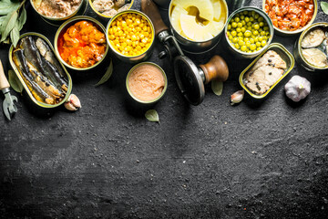 Set of different kinds of canned food.