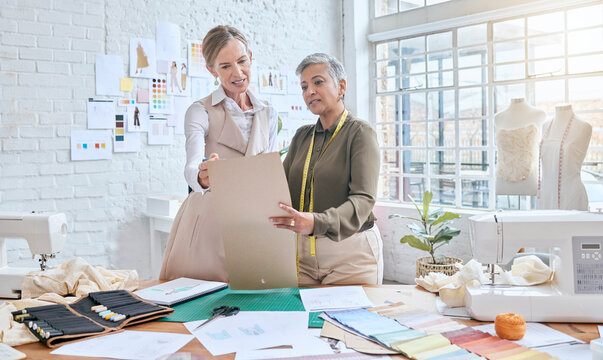 Fashion, designer collaboration and women choice for clothes fabric, textile portfolio or creative sketch in studio. Startup small business, workshop service and senior partnership teamwork on outfit - Powered by Adobe