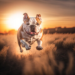 bulldog runs on the grass , generative AI  - obrazy, fototapety, plakaty
