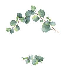 Watercolor wreath with green eucalyptus leaves and branches. Perfect for wedding invitation, postcard, scrapbooking, Mother day card decoration, packaging, greeting cards. - obrazy, fototapety, plakaty
