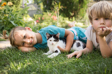 two preschooler boys play outdoors in summer with their favorite black and white kitten. children lie on the grass with a pet. friendship between children and animals. joy, positivity selective focus