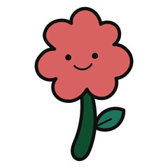 Retro butterfly doodle character flower with green leaves