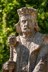 Wooden sculpture of Casimir Jagiellon (Kazimierz Jagiellonczyk) in Millennium Park (Park 1000-lecia), Chojnice, Pomeranian Voivodeship, Poland