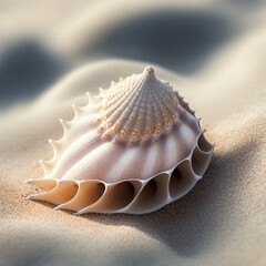 a large beautiful exotic seashell lies on the sand on an exotic beach, generative AI - obrazy, fototapety, plakaty