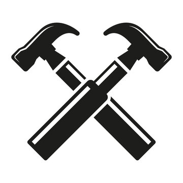 Crossed blacksmith hammer icon. Work repair logo symbol illustration.
