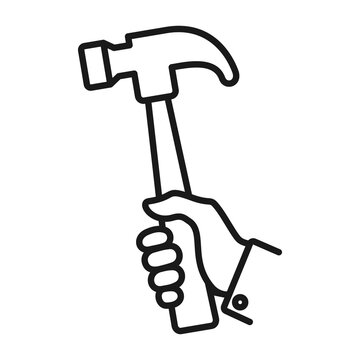 recommend clip art: Hand holding hammer to repair or fix things icon. Repair tool line art symbol illustration.
