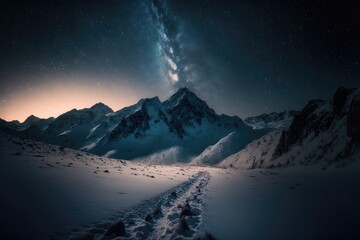 trail leading to mountains under the starry sky, generative ai composite