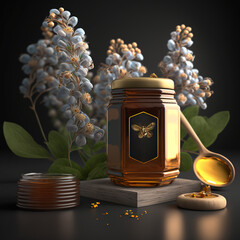 A jar of honey surrounded by tree buds, generative AI - obrazy, fototapety, plakaty