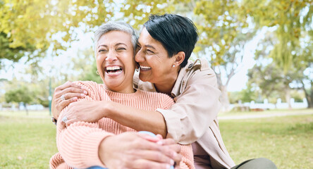 Couple of friends, seniors or laughing hug in nature park, grass garden or relax environment in comic, funny or silly activity. Smile, happy women or bonding retirement elderly in love trust embrace - Powered by Adobe
