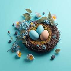 Happy Easter concept with easter eggs in nest and spring flowers. Easter background with copy space. Generative AI - obrazy, fototapety, plakaty
