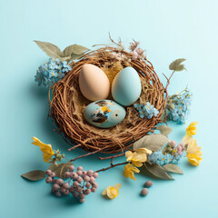 Happy Easter concept with easter eggs in nest and spring flowers. Easter background with copy space. Generative AI