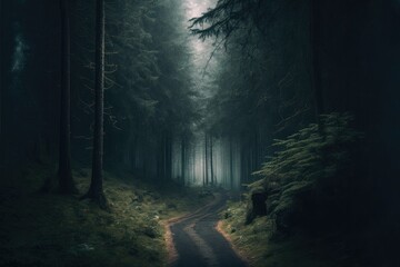 trail in a foggy green forest, generative ai composite
