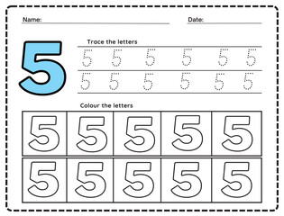 Trace and write number five. Handwriting practice. Learning numbers for kids. Education developing worksheet. Activity page. Vector illustration.