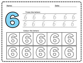 Trace and write number six. Handwriting practice. Learning numbers for kids. Education developing worksheet. Activity page. Vector illustration.