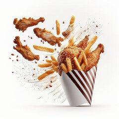 bucket explosion containing roast chicken and fries, generative AI - obrazy, fototapety, plakaty