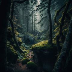 Green forest with fog, Generative AI - obrazy, fototapety, plakaty