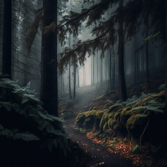 Green forest with fog, Generative AI - obrazy, fototapety, plakaty