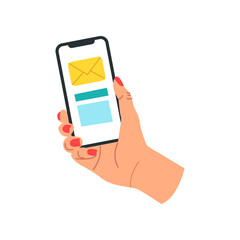 Hand holding phone with message vector illustration. Hand holding phone with app isolated on white background. Traveling, transportation concept