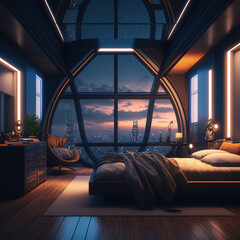 Obrazy na Plexi  Interior design, bedroom with large window and view of the city at night, generative AI