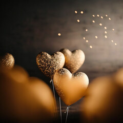 Fototapeta premium gold heart-shaped balloons on gold background, 3d, generative AI