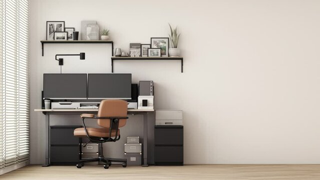 Modern workplace with comfortable modern working table and computer with working chair many option for select and large window. on wall white and wooden floor. 3D rendering animation looping