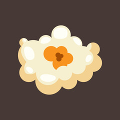 One popcorn piece vector illustration. Salty or sweet snack from corn or souffle for watching movies isolated on brown background. Food, cinema concept