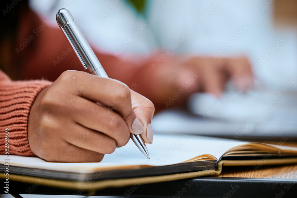 Poster Student, writing and zoom of hand with notebook for studying, learning and notes in academic class. University, college and closeup of hands with pen to write schedule information, planning and ideas