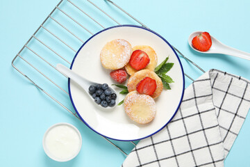 Concept of tasty sweet food, cheese pancakes, top view