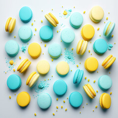 Traditional blue and yellow macarons on a white background beautifully decorated, generative AI - obrazy, fototapety, plakaty