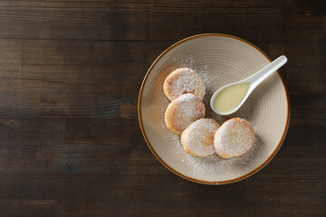 Concept of tasty sweet food, cheese pancakes, space for text