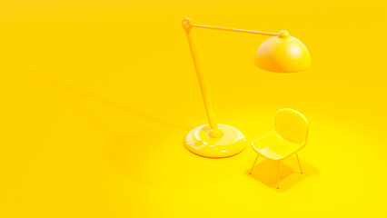 Yellow chair Located under lamp stand. Minimal idea concept, 3D Render.
