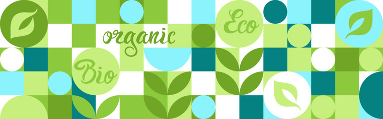 Bio label for ecological social projects, seamless pattern for green flowers eco packaging. Banner in natural style, mosaic of geometric white shapes.