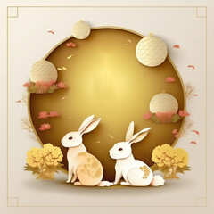 Chinese Bunny with Luna and Flowers greeting Card Illustration Generative AI
