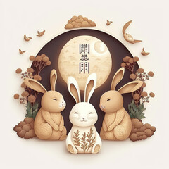 Chinese Bunny with Luna and Flowers greeting Card Illustration Generative AI - obrazy, fototapety, plakaty