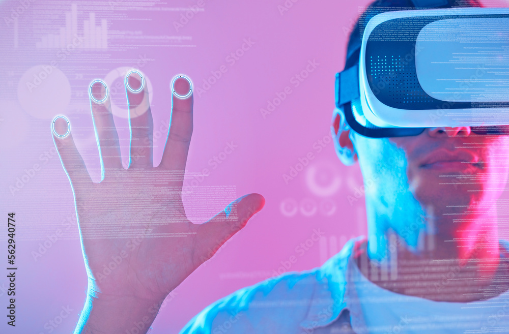 Aufkleber hand, 3d futuristic and man in virtual reality exploring a cyber world. digital transformation, meta
