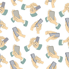 Vector seamless pattern phones in hands. Messages in messengers, social network, smartphone payments, e-mail. Hand drawn flat multicolor.