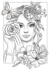 Coloring Page with Grayscale Portrait of Beautiful Woman with Flowers For Kids and Adults . Flower Woman Coloring Page.Monochrome image of woman with long curly hair. 