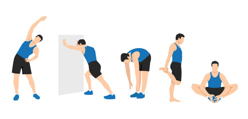 Fototapeta na wymiar Workout man set. Man doing fitness exercises. Warm up before gym. Full body workout. Warming up, stretching