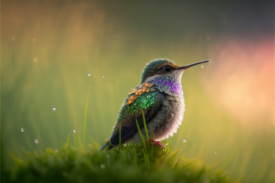 A vivid hummingbird with dew on the top of the grass, the background is bokeh a beautiful landscape. made with generative AI