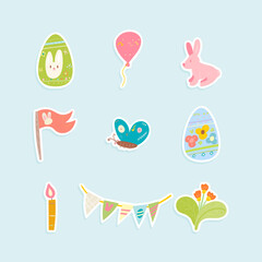 Easter Bunny with Eggs,Butterfly,  Flowers, Stickers Set.These stickers are perfect for adding a festive touch to your Easter-themed crafts, decorations, or greeting cards.