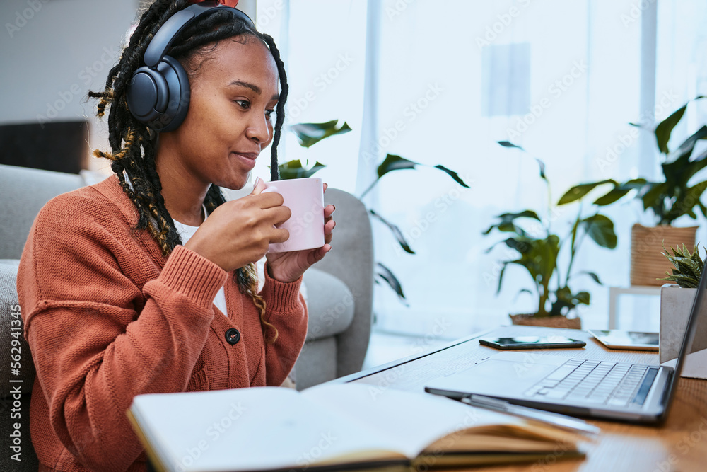Poster elearning, studying and woman with laptop and coffee for education, university work and virtual cour