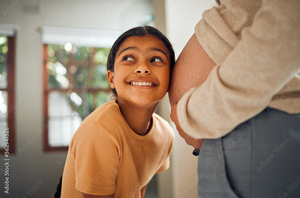 Poster Pregnant, family and love with a girl listening to the belly of her mother while bonding in the bedroom of their home. Kids, mom or pregnancy with a daughter putting an ear to the stomach of her mama